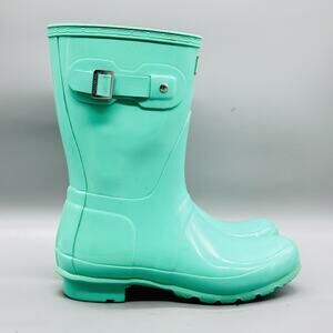 Hunter Boots Womens 7 Green Rubber Original Short Gloss Rain Waterproof Pull On